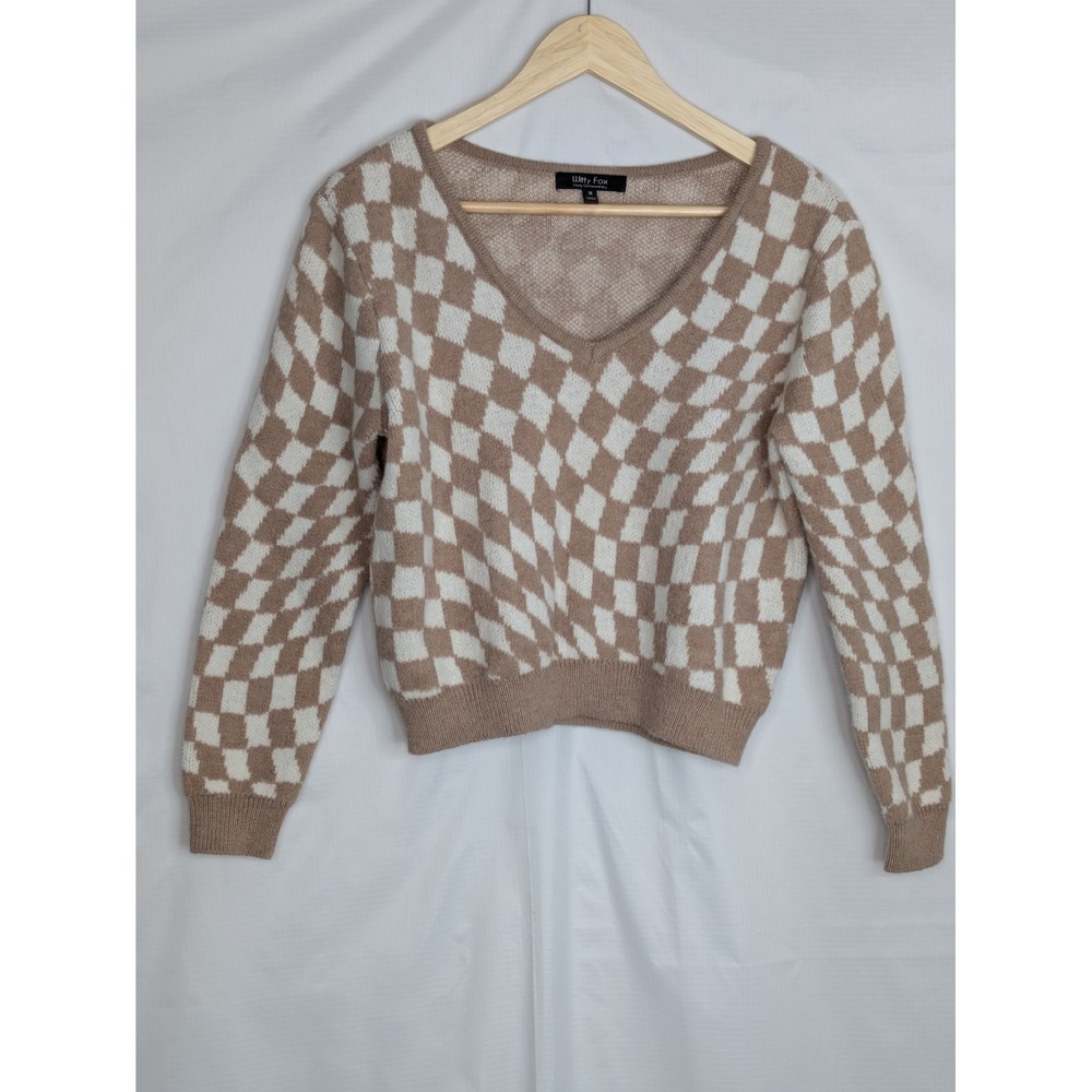 Witty Fox Sweater Medium Beige Ivory Checkerboard V Neck Cropped Soft Knit Cozy